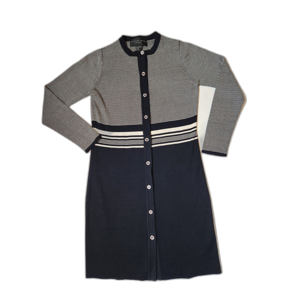 August Silk Striped Button Front Cardigan Dress Women’s XS Black White